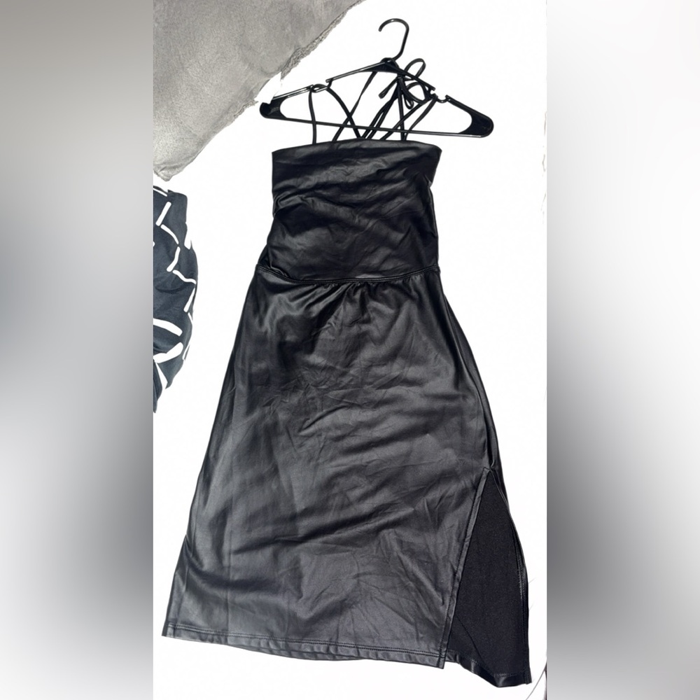 SHEIN BLACK Backless Criss-Cross Pu Leather Pleated Halter Mini Dress